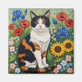 Calico Cat and Folk Art Sunflowers Magneet (Voorkant)