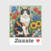Calico Cat and Folk Art Sunflowers Sticker (Vel)