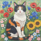 Calico Cat and Folk Art Sunflowers Sticker (Voorkant)