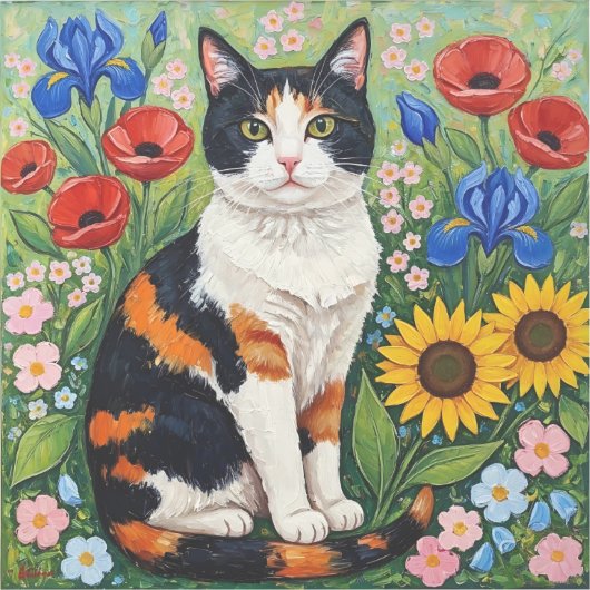 Calico Cat and Folk Art Sunflowers Sticker (Voorkant)