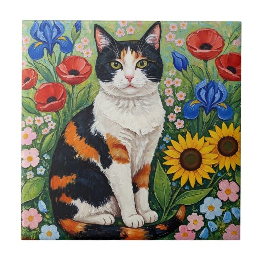 Calico Cat and Folk Art Sunflowers Tegeltje (Voorkant)
