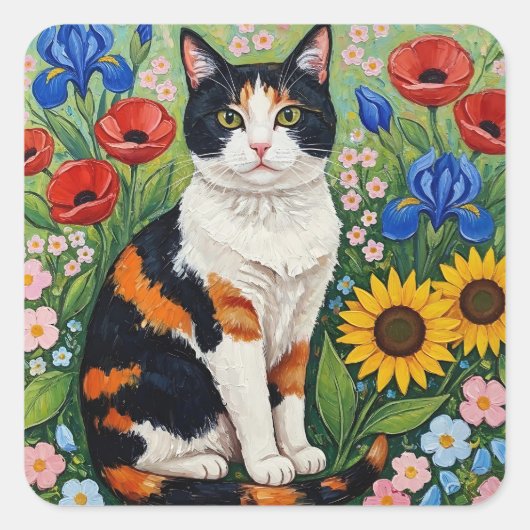 Calico Cat and Folk Art Sunflowers Vierkante Sticker (Voorkant)