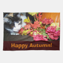 Calico Cat Autumn Fall Leaves Towel Theedoek