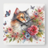 Calico Cat Bloemen Muurklok Vierkante Klok (Voorkant)