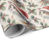Calico Cat Christmas Holly Watercolor Cadeaupapier (Rol Hoek)