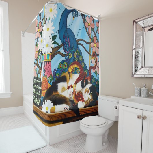 Calico Cat Dragon Red Douchegordijn (In situ)