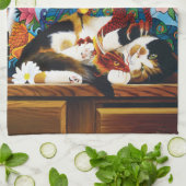 Calico Cat Dragon Red Theedoek (Gevouwen)