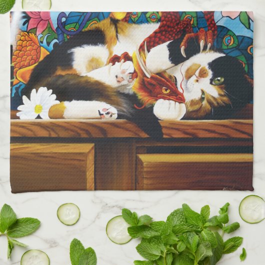 Calico Cat Dragon Red Theedoek (Gevouwen)