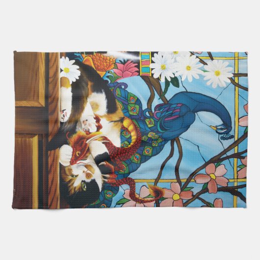 Calico Cat Dragon Red Theedoek (Horizontaal)