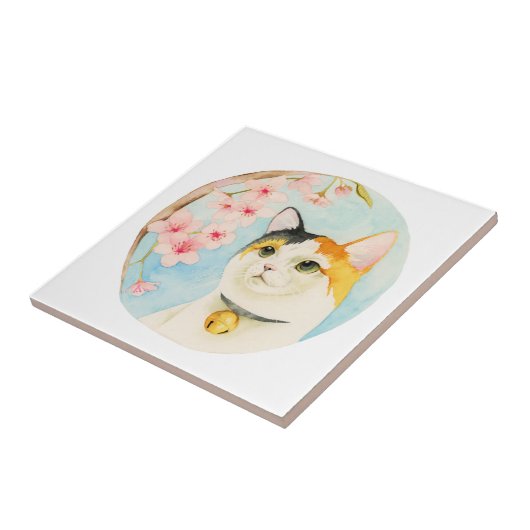 Calico Cat en Flowers Japans Tegeltje (Zijkant)