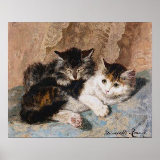 Calico Cat en Gray Kitten Fine Art Painting Poster (Voorkant)