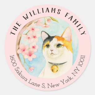 Calico Cat en Sakura   Familieadreslabel Ronde Sticker