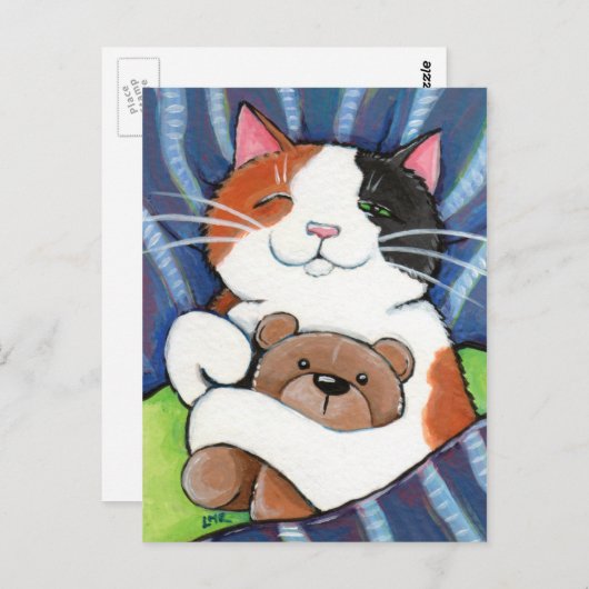 Calico Cat en Teddy Bear | Kat art Briefkaart (Voorkant / Achterkant)