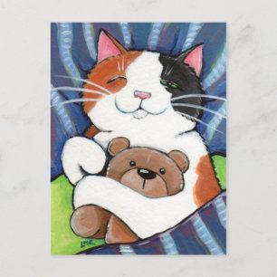 Calico Cat en Teddy Bear   Kat art Briefkaart