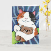 Calico Cat en Teddy Bear | Kat art Wenskaart Kaart (Gele Bloem)