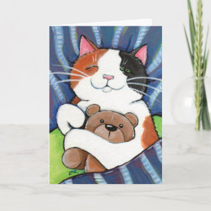 Calico Cat en Teddy Bear   Kat art Wenskaart Kaart