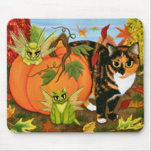 Calico Cat Fairy Cats Leaves Herfst Autumn Art Mou Muismat