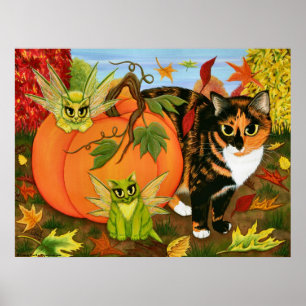 Calico Cat Fairy Cats Leaves Herfst Autumn Art Pri Poster