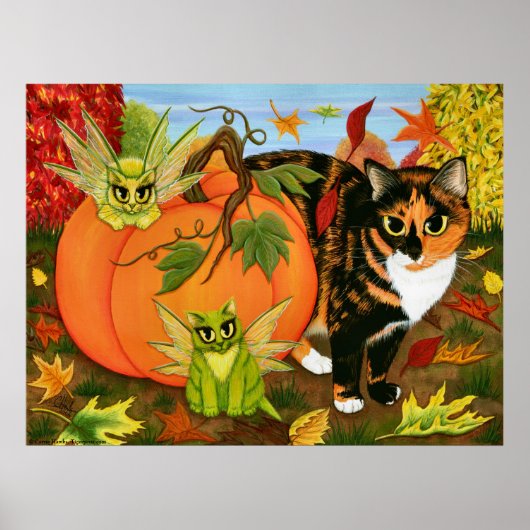 Calico Cat Fairy Cats Leaves Herfst Autumn Art Pri Poster (Voorkant)