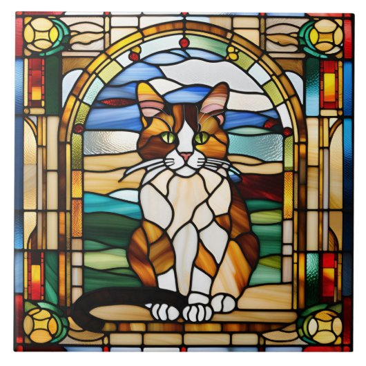 Calico Cat Glas in lood Decoratieve Tegel Tegeltje (Voorkant)