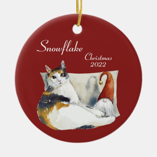 Calico Cat Gnome waterverf Kerstmis Cerami Keramisch Ornament (Voorkant)