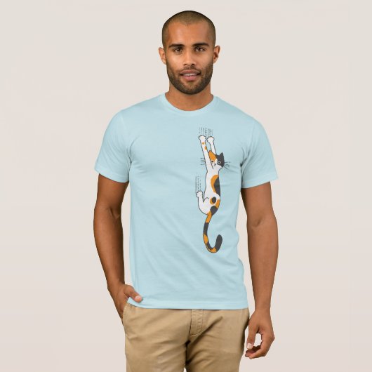 Calico Cat Hanging On Funny Cat Lover's T-shirt (Voorkant volledig)