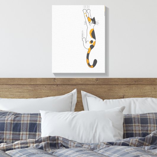 Calico Cat Hanging On | Grappige Cat Lover's Canvas Afdruk (Insitu (Slaapkamer))