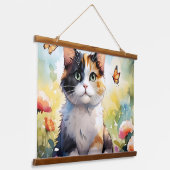 Calico Cat in de voorjaarstuin met vlinders Hangend Wandkleed (Gebogen)