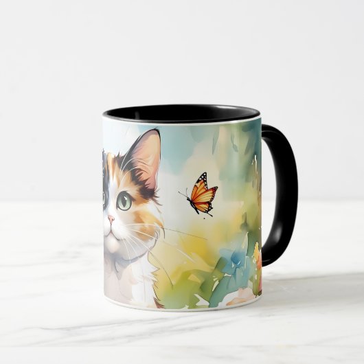 Calico Cat in de voorjaarstuin met vlinders Mok (Voorkant rechts)