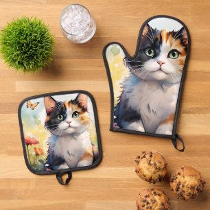 Calico Cat in de voorjaarstuin met vlinders Ovenwant & Pannenlap Set