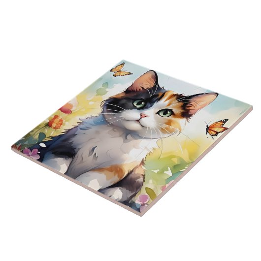 Calico Cat in de voorjaarstuin met vlinders Tegeltje (Zijkant)