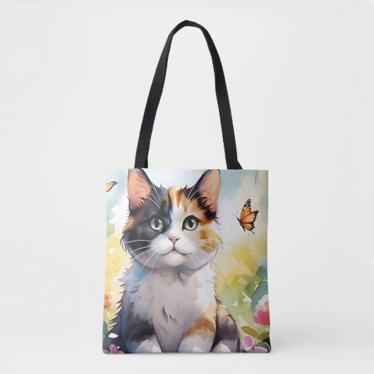 Calico Cat in de voorjaarstuin met vlinders Tote Bag (Voorkant)