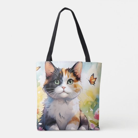 Calico Cat in de voorjaarstuin met vlinders Tote Bag (Achterkant)