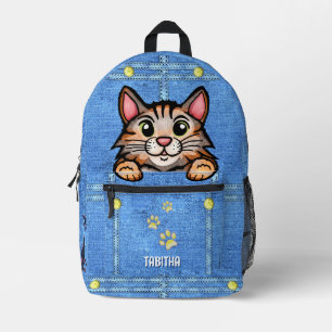 Calico Cat in Faux Denim Pocket met de Naam van de Bedrukte Rugzak