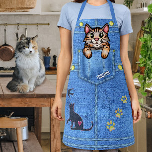Calico Cat in Faux Denim Pocket met de Naam van de Schort
