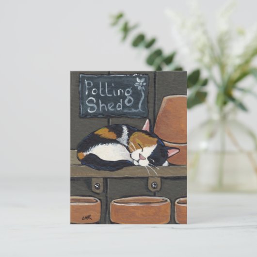Calico Cat in het Briefkaart Potting Shed (Staand voorkant)