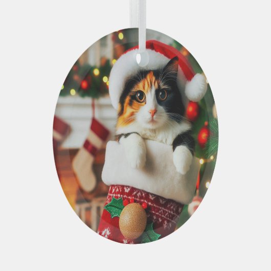 Calico Cat in Stocking Glass Ornament (Voorkant Rechts)