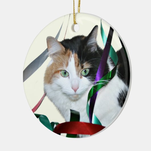 Calico cat-kerstlint keramisch ornament (Links)