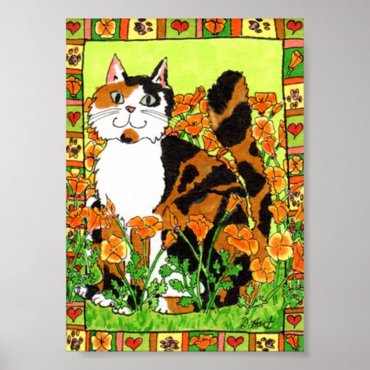 Calico Cat met California Poppies Folk Art Poster (Voorkant)