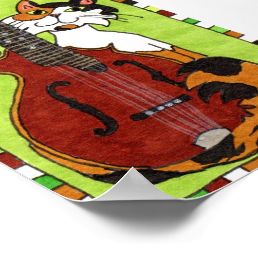 Calico Cat met Mandolin Mini Folk Art Poster (Hoek)