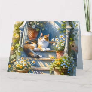 Calico Cat on Floral Porch Cottagecore Kaart