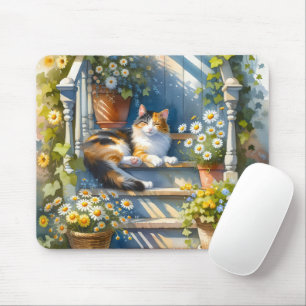 Calico Cat on Floral Porch Cottagecore Muismat