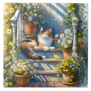 Calico Cat on Floral Porch Cottagecore Tegeltje