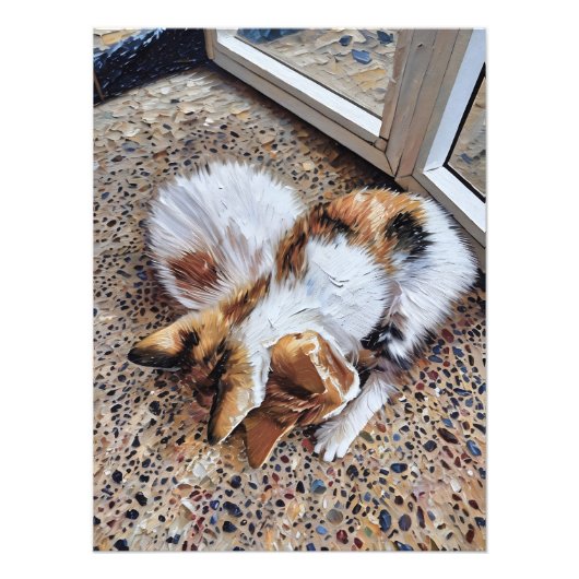 Calico Cat Ontspannen Vredig op Textured Ground Foto Afdruk (Voorkant)