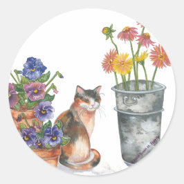Calico Cat Pansies Daisies Waterverf "Don Juan" Ronde Sticker