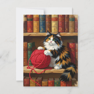 Calico Cat Playing With Yarn On A Bookshelf  Briefkaart