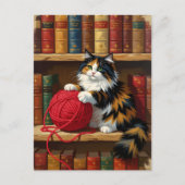 Calico Cat Playing With Yarn On A Bookshelf  Briefkaart (Voorkant)