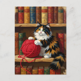 Calico Cat Playing With Yarn On A Bookshelf Briefkaart