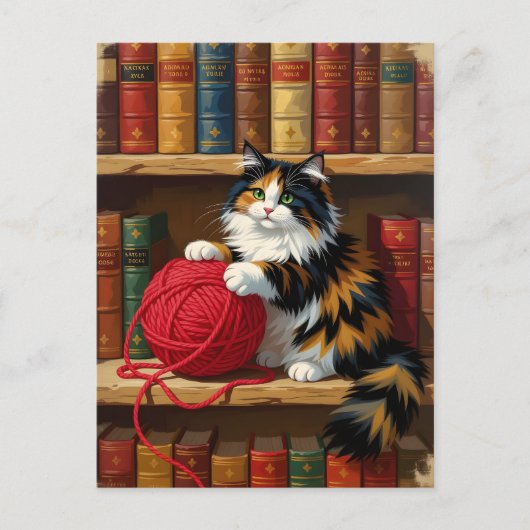Calico Cat Playing With Yarn On A Bookshelf  Briefkaart (Voorkant)