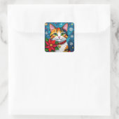 Calico Cat, Poinsettias and Snowflakes Christmas Vierkante Sticker (Tas)